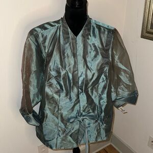 R&M Richards Woman Sage green aqua top formal blouse tie front sheer sleeves 20W